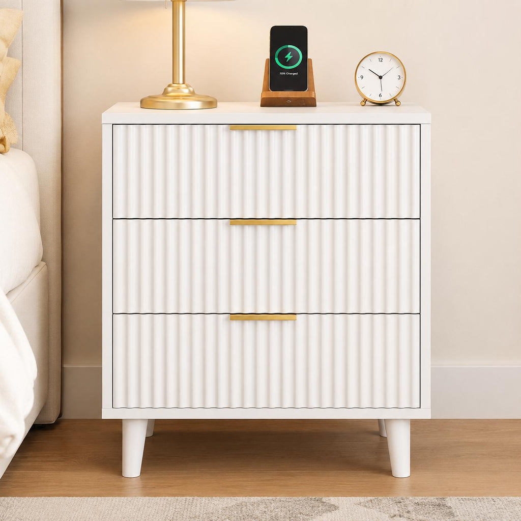 Modern Fluted Nightstand, 3 Drawer Bedside Table with Charging Station