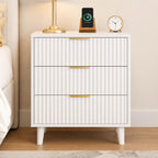 Modern Fluted Nightstand, 3 Drawer Bedside Table with Charging Station