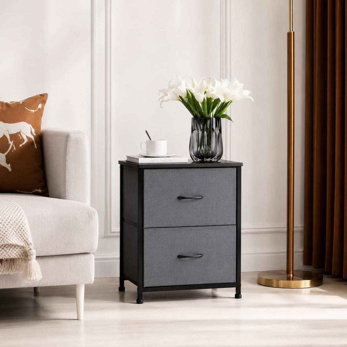 Rustic Modern Nightstand, 2 Drawer Wooden Bedside Table, Farmhouse Storage Cabinet