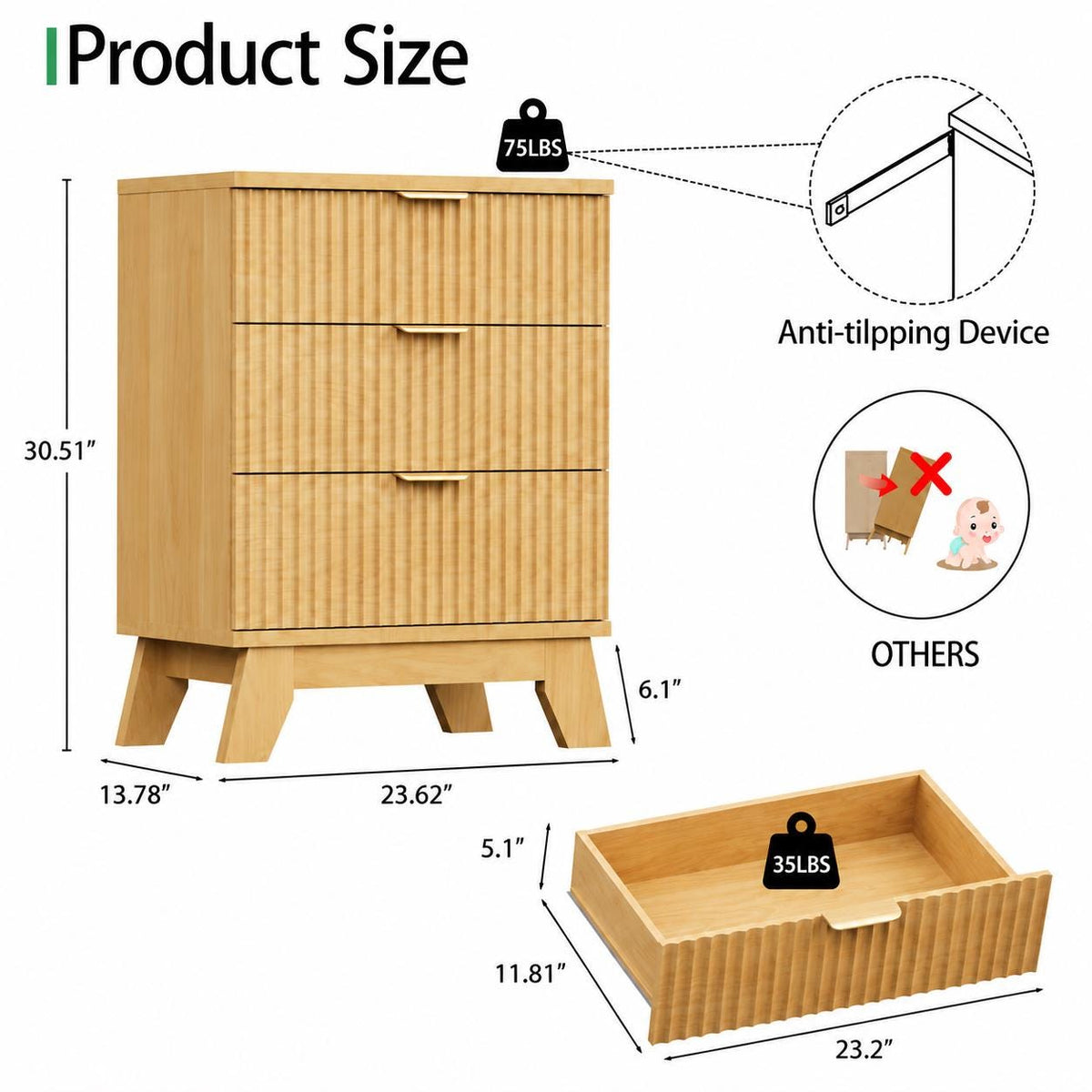 Natural Oak Mid Century Nightstand Bedside Table 24 Inch Wide Three Drawer Storage