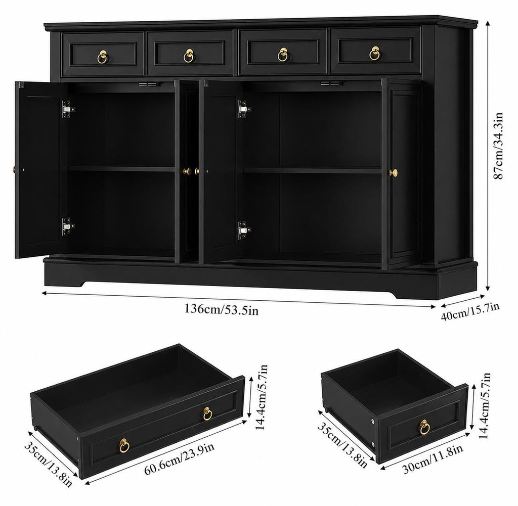 Modern Black Buffet Cabinet with Storage – 52.7” Kitchen Sideboard with Drawers & Adjustable Shelves, Coffee Bar Cabinet