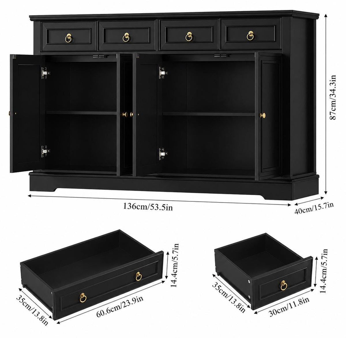 Modern Black Buffet Cabinet with Storage – 52.7” Kitchen Sideboard with Drawers & Adjustable Shelves, Coffee Bar Cabinet