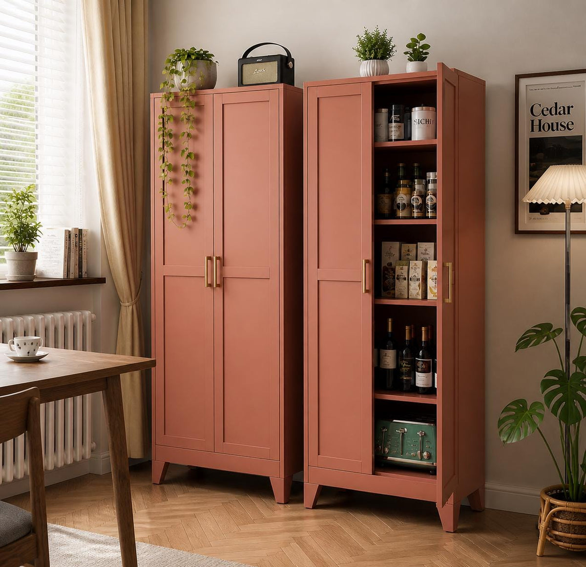 Brown 5-Tier Storage Cabinet with Gold Handles – Adjustable Shelves, Steel Frame Pantry