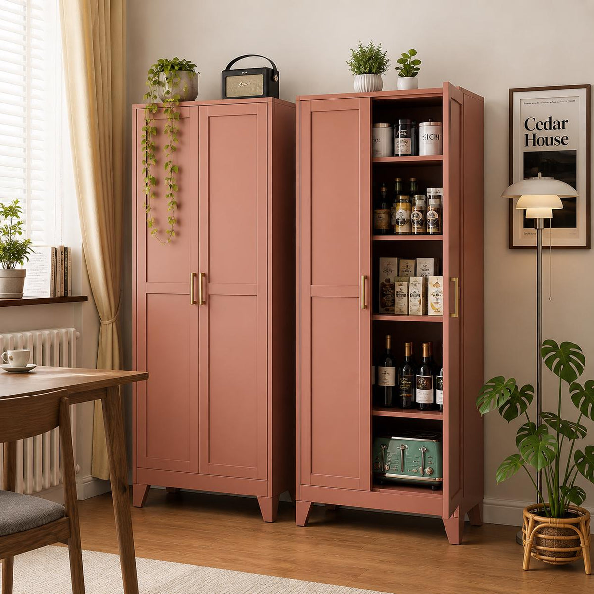 Brown 5-Tier Storage Cabinet with Gold Handles – Adjustable Shelves, Steel Frame Pantry