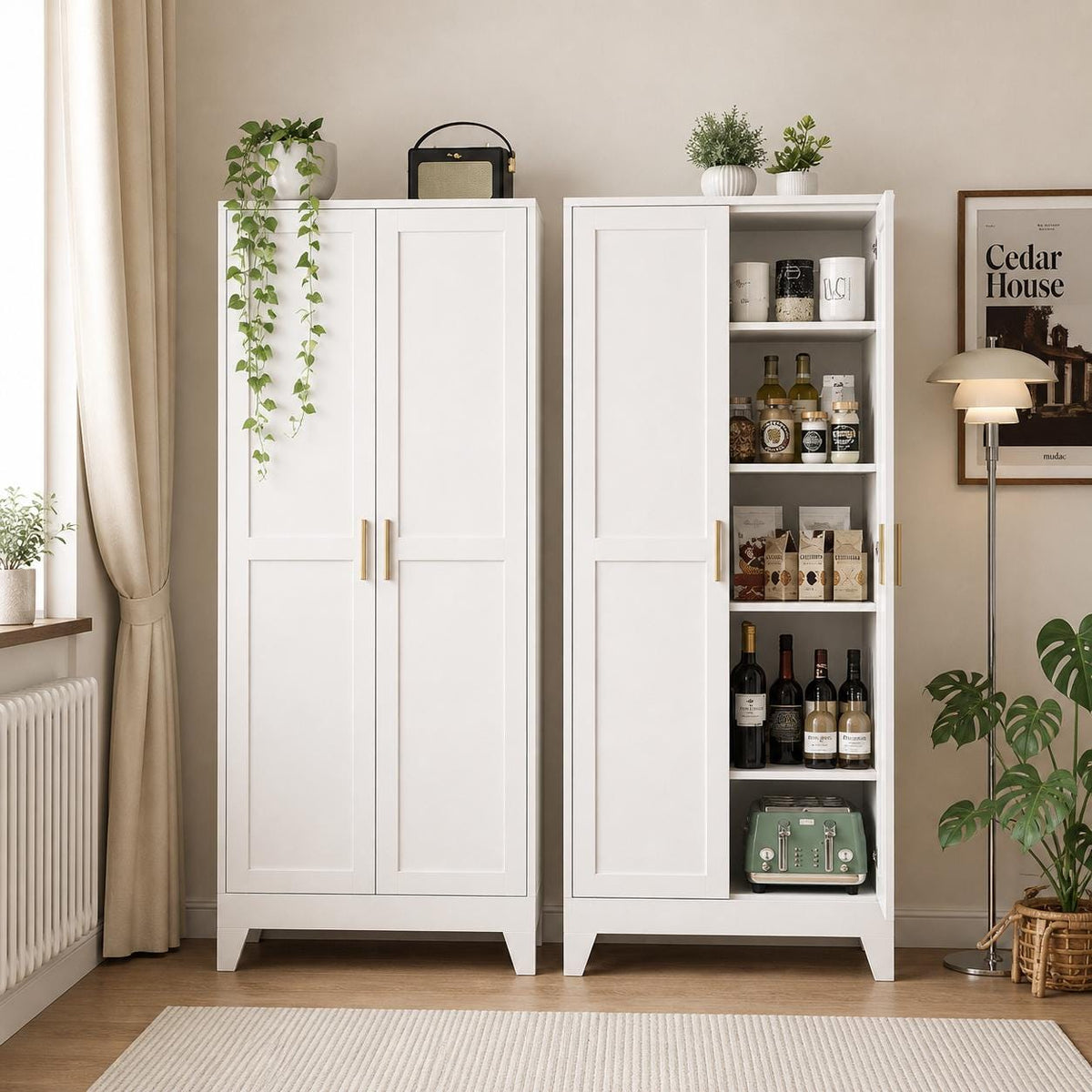 Brown 5-Tier Storage Cabinet with Gold Handles – Adjustable Shelves, Steel Frame Pantry