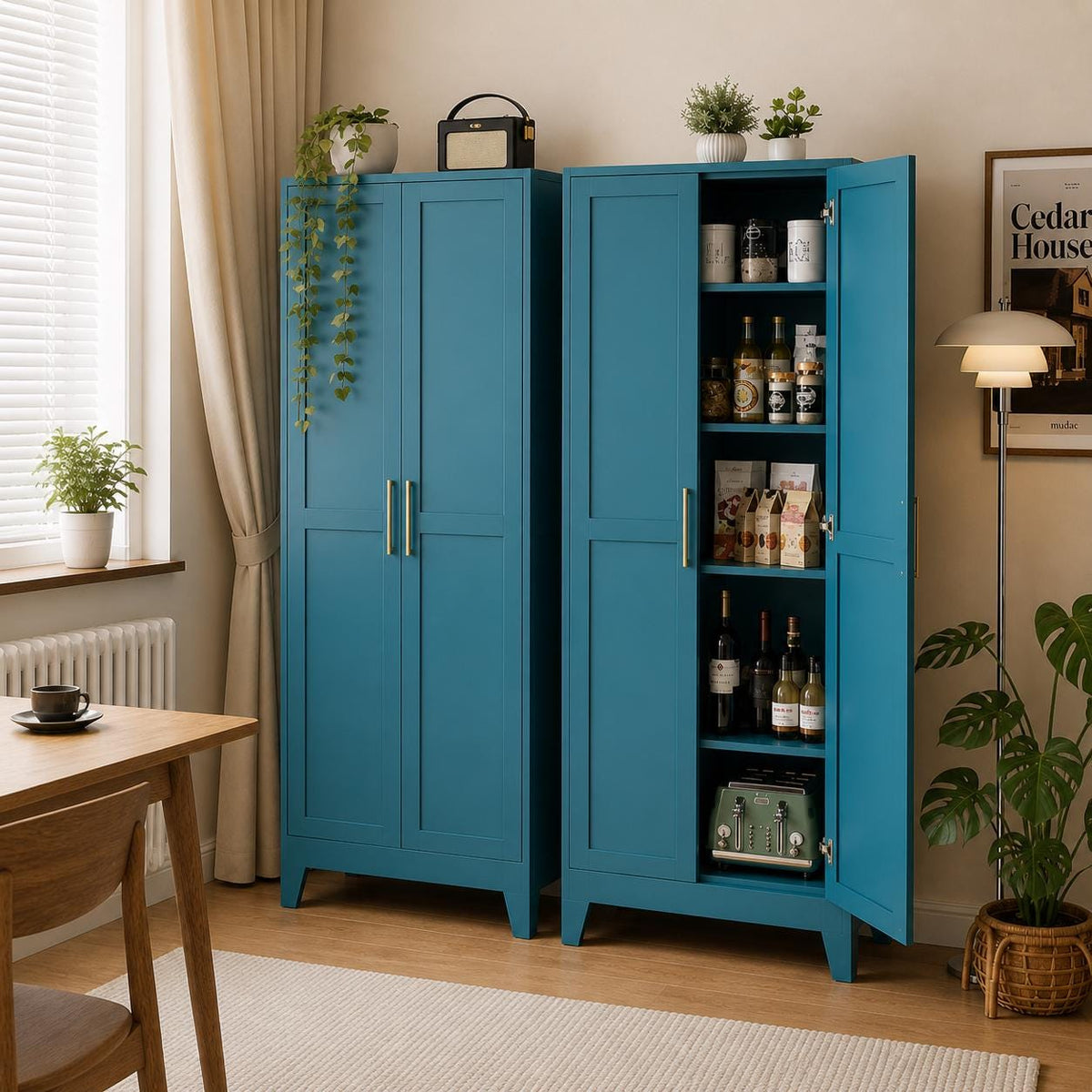 Brown 5-Tier Storage Cabinet with Gold Handles – Adjustable Shelves, Steel Frame Pantry