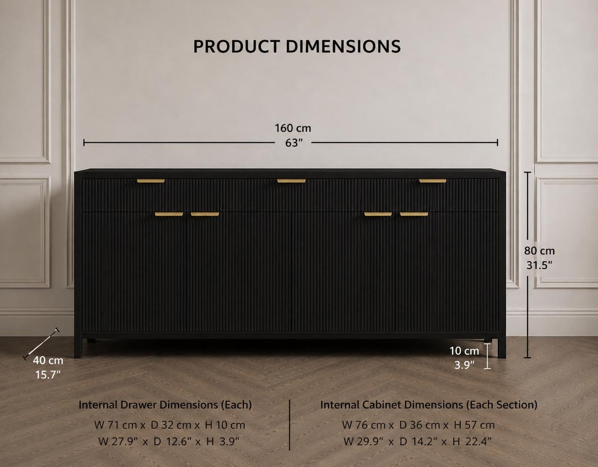 66-Inch Fluted Buffet Cabinet – Modern Storage Sideboard with Drawers, Adjustable Shelves
