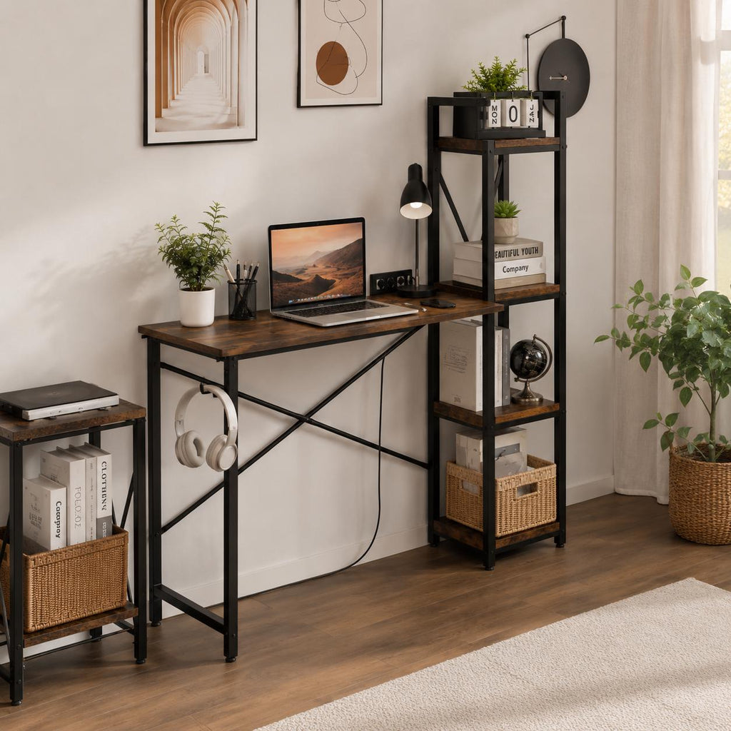 Modern Industrial Computer Desk with Power Outlet & Reversible Storage Shelves