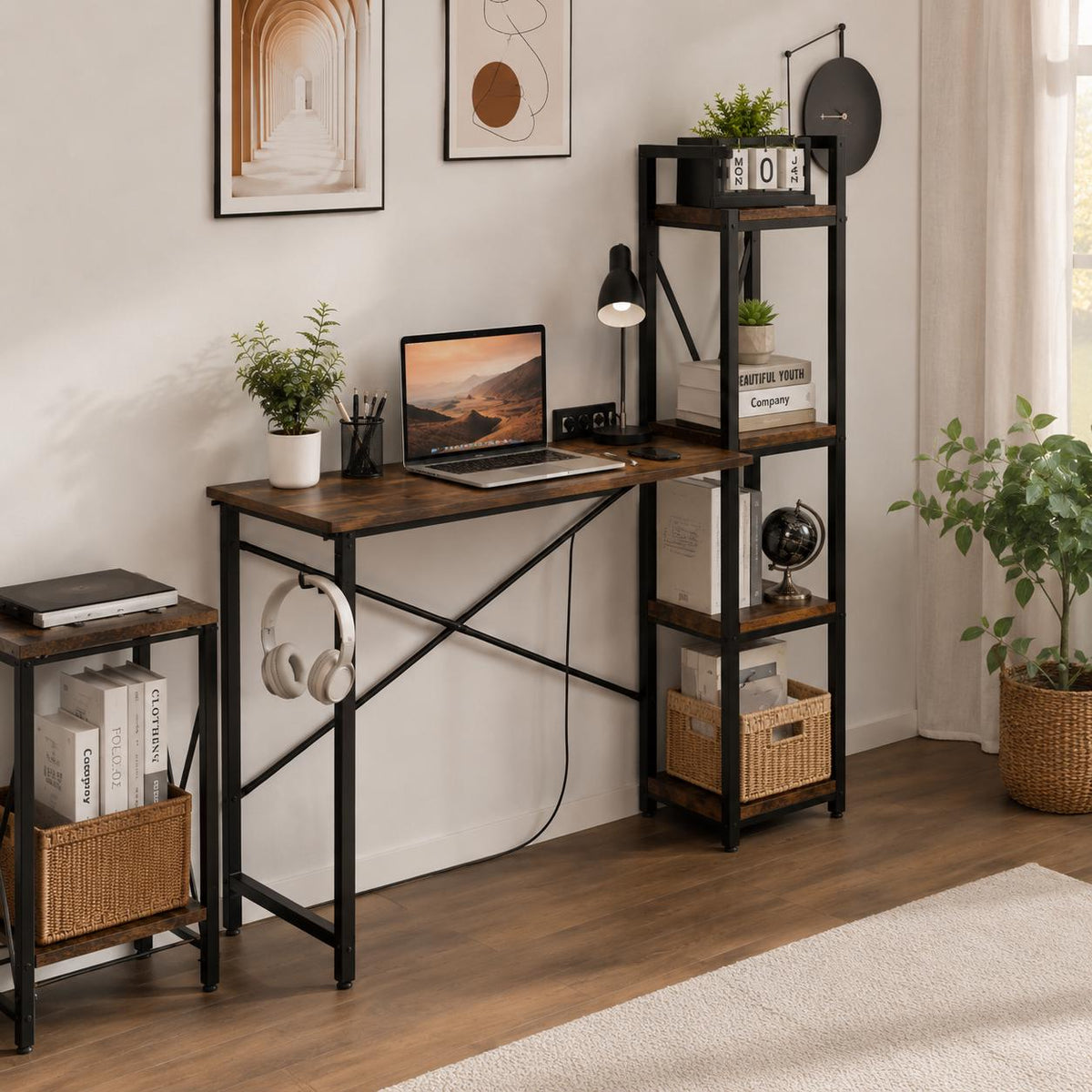 Modern Industrial Computer Desk with Power Outlet & Reversible Storage Shelves