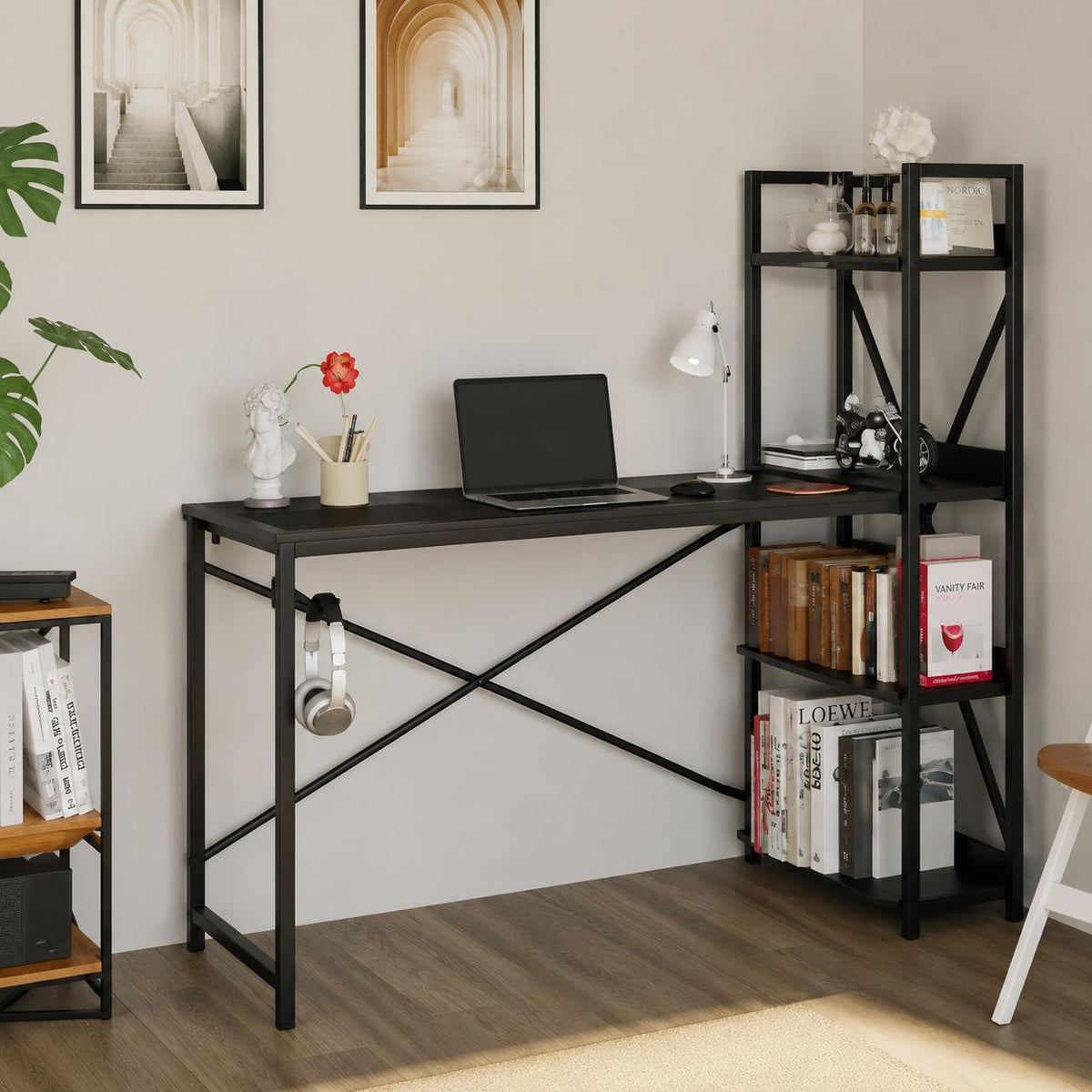 Modern Industrial Computer Desk with Power Outlet & Reversible Storage Shelves