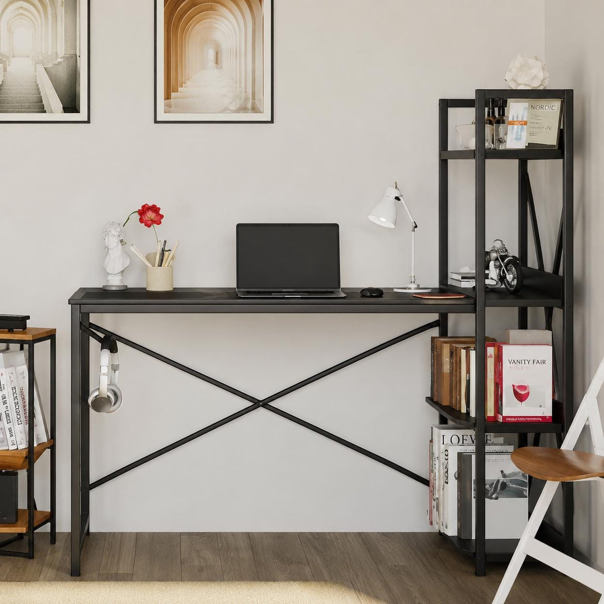 Modern Industrial Computer Desk with Power Outlet & Reversible Storage Shelves