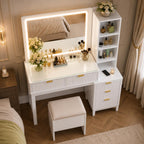 Modern Makeup Vanity with LED Mirror, Charging Station, 5 Drawers, Glass Top