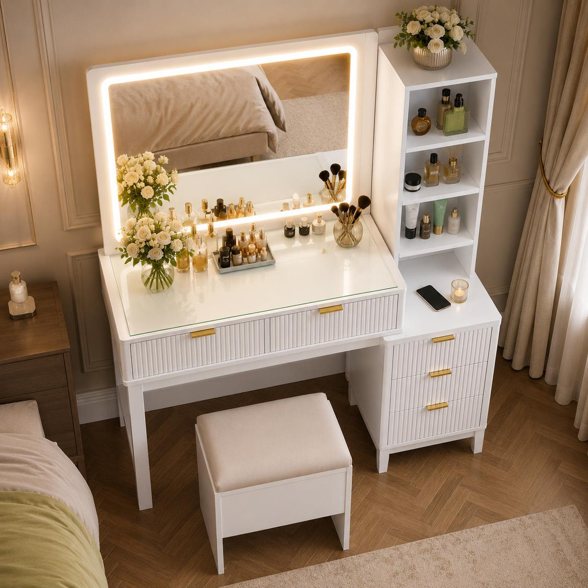 Modern Makeup Vanity with LED Mirror, Charging Station, 5 Drawers, Glass Top