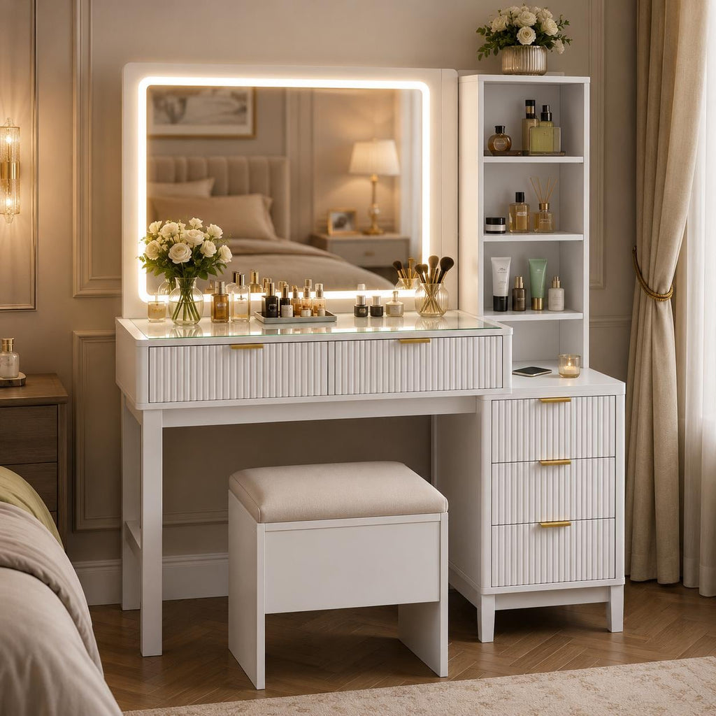 Modern Makeup Vanity with LED Mirror, Charging Station, 5 Drawers, Glass Top