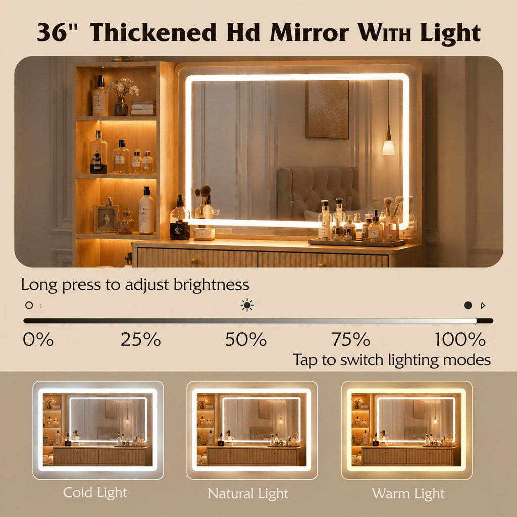 Modern Makeup Vanity with LED Mirror, Charging Station, 5 Drawers, Glass Top