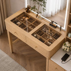 Modern Makeup Vanity with LED Mirror, Charging Station, 5 Drawers, Glass Top