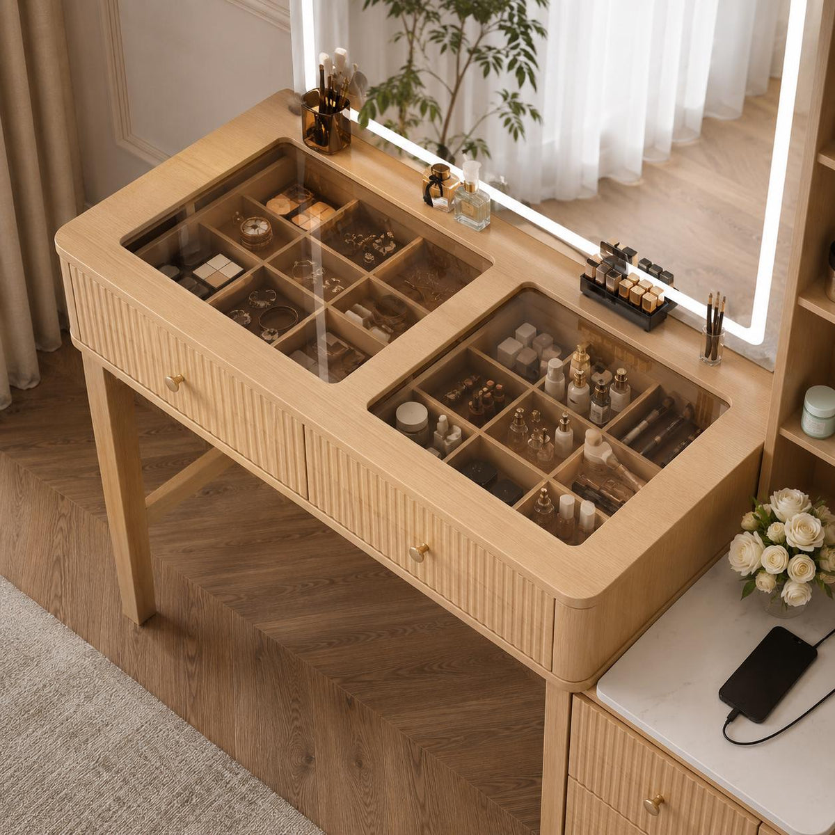 Modern Makeup Vanity with LED Mirror, Charging Station, 5 Drawers, Glass Top