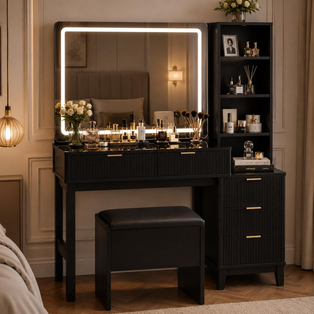 Modern Makeup Vanity with LED Mirror, Charging Station, 5 Drawers, Glass Top