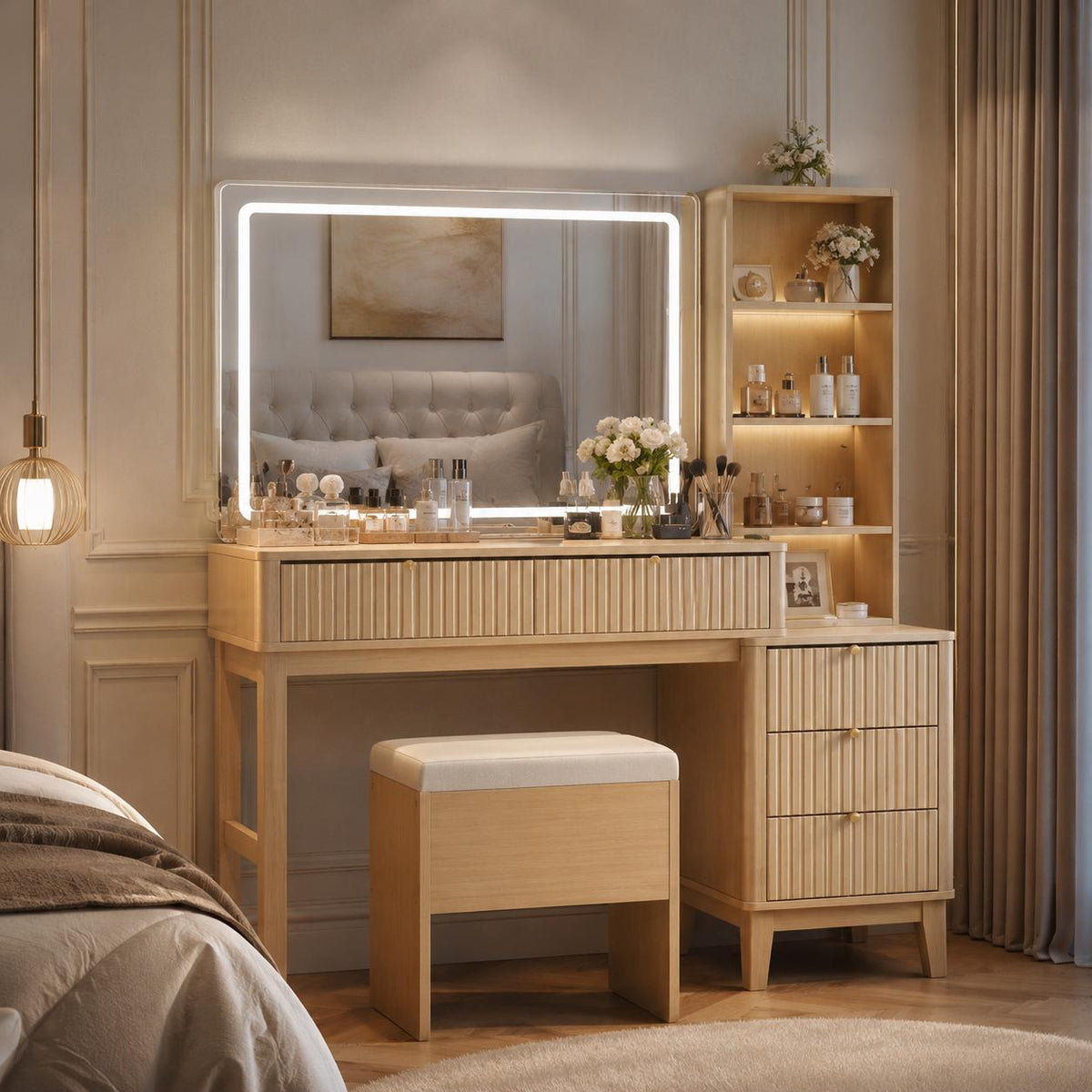 Modern Makeup Vanity with LED Mirror, Charging Station, 5 Drawers, Glass Top