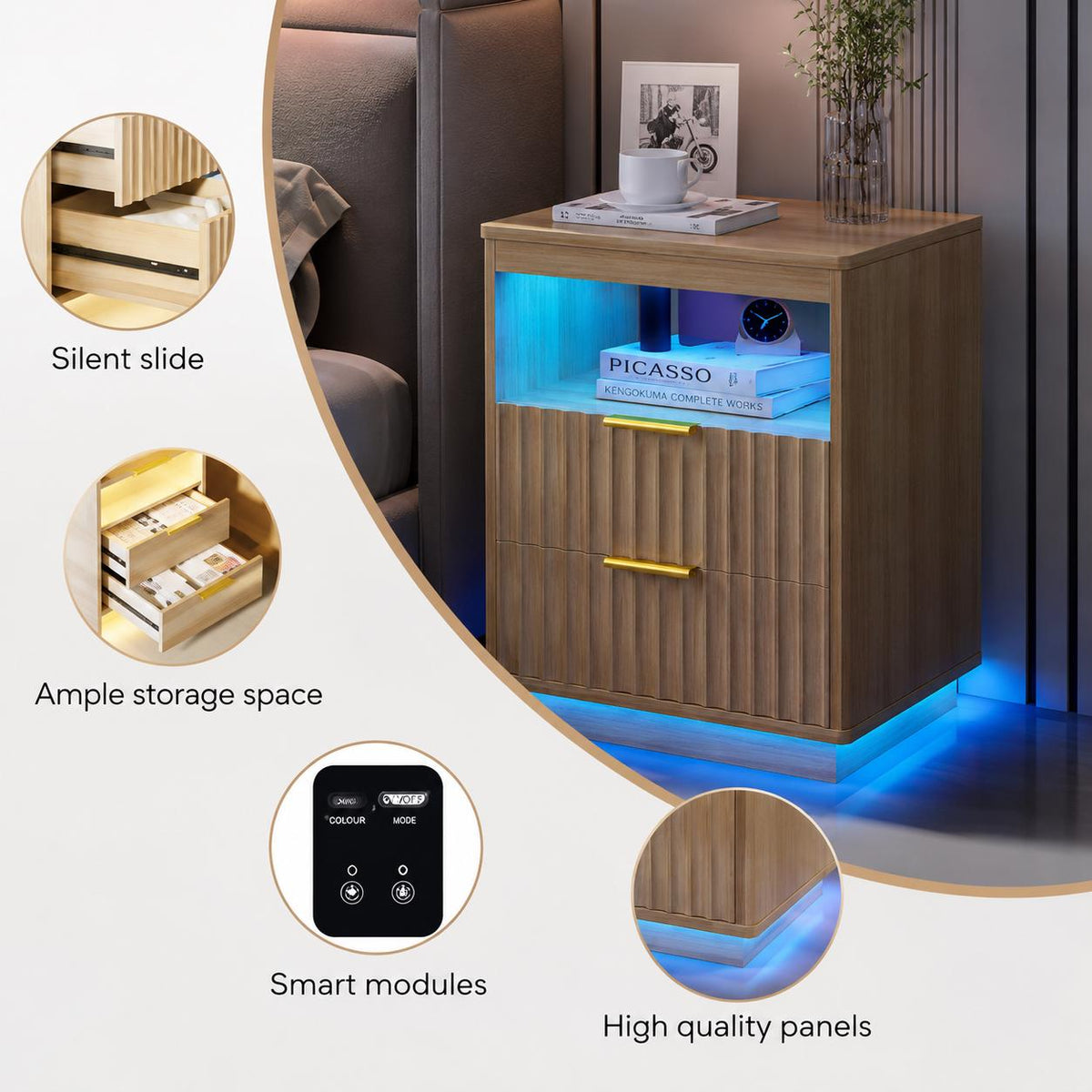 Smart LED Light Bedside Table with Charging Station