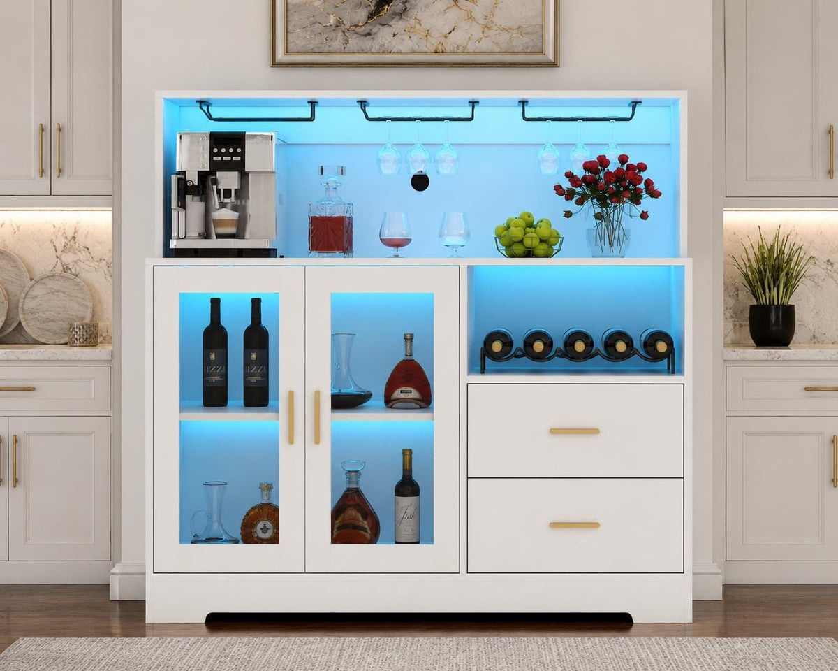 Modern Wine Bar Cabinet with LED Lights, Glass Doors, Wine Rack & Storage Drawers