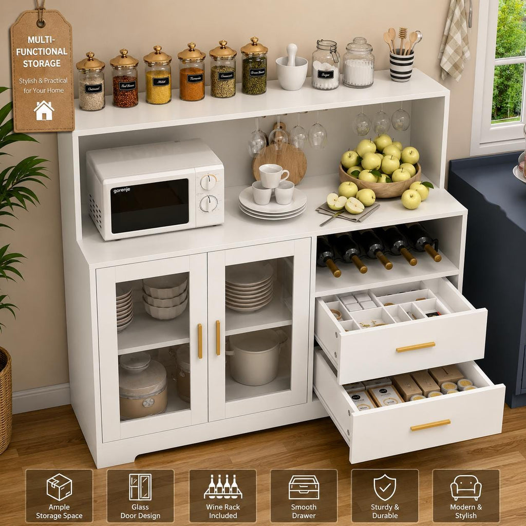Modern Wine Bar Cabinet with LED Lights, Glass Doors, Wine Rack & Storage Drawers
