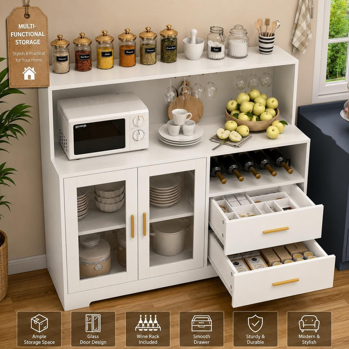 Modern Wine Bar Cabinet with LED Lights, Glass Doors, Wine Rack & Storage Drawers