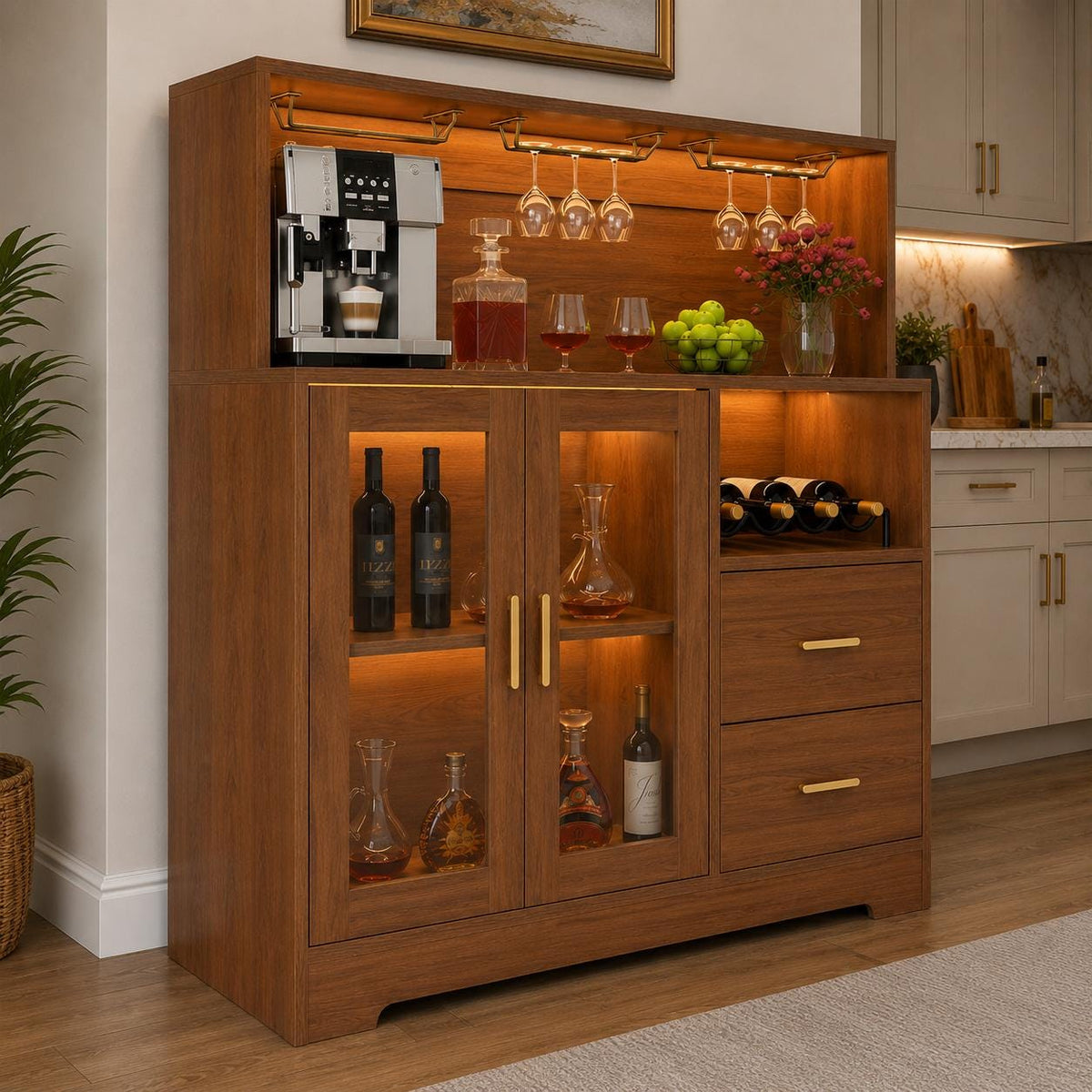Modern Wine Bar Cabinet with LED Lights, Glass Doors, Wine Rack & Storage Drawers