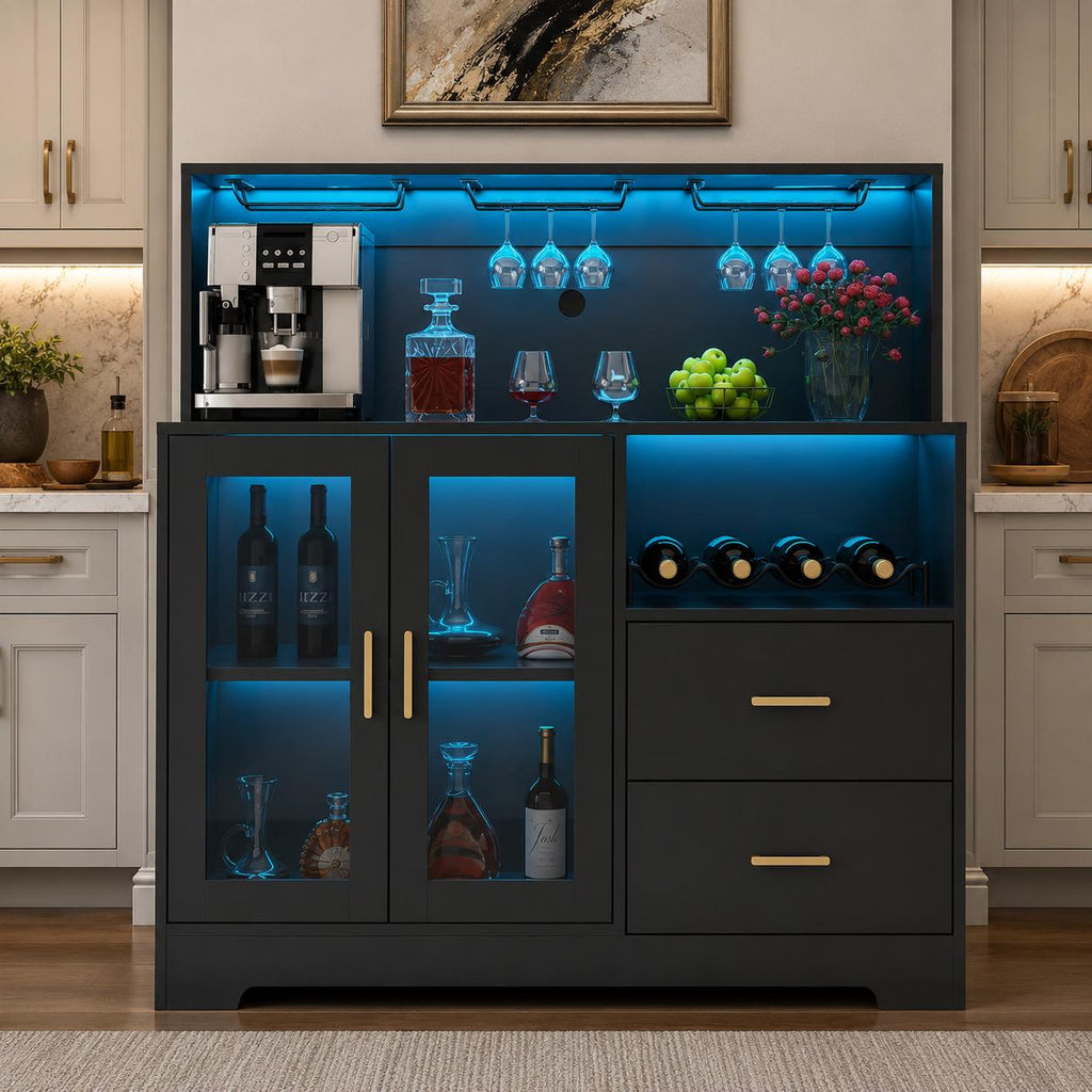 Modern Wine Bar Cabinet with LED Lights, Glass Doors, Wine Rack & Storage Drawers