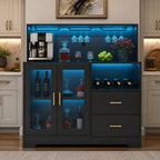 Modern Wine Bar Cabinet with LED Lights, Glass Doors, Wine Rack & Storage Drawers