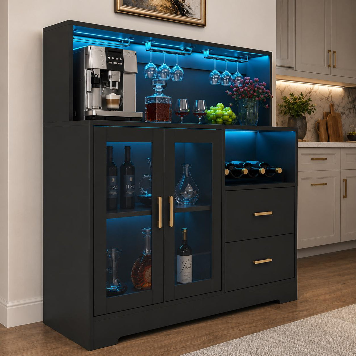 Modern Wine Bar Cabinet with LED Lights, Glass Doors, Wine Rack & Storage Drawers