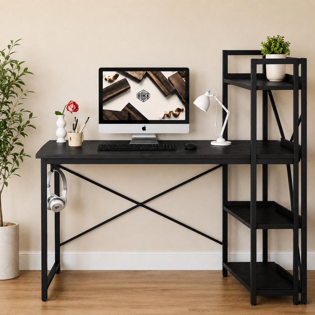 Industrial Computer Desk with Shelves and USB Charging Station