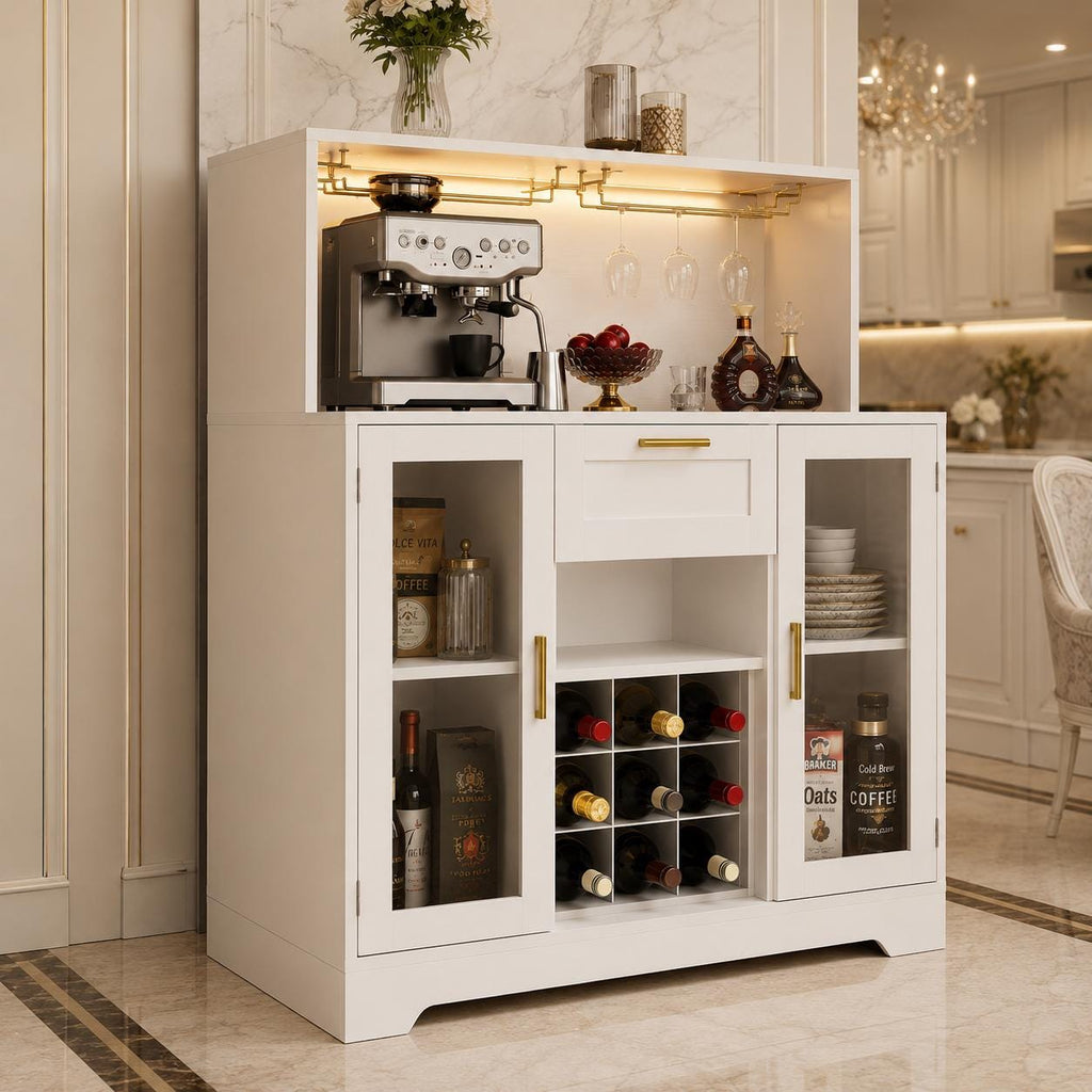 Modern LED Wine Bar Cabinet, Coffee Station, Glass Doors, Wine Rack Storage