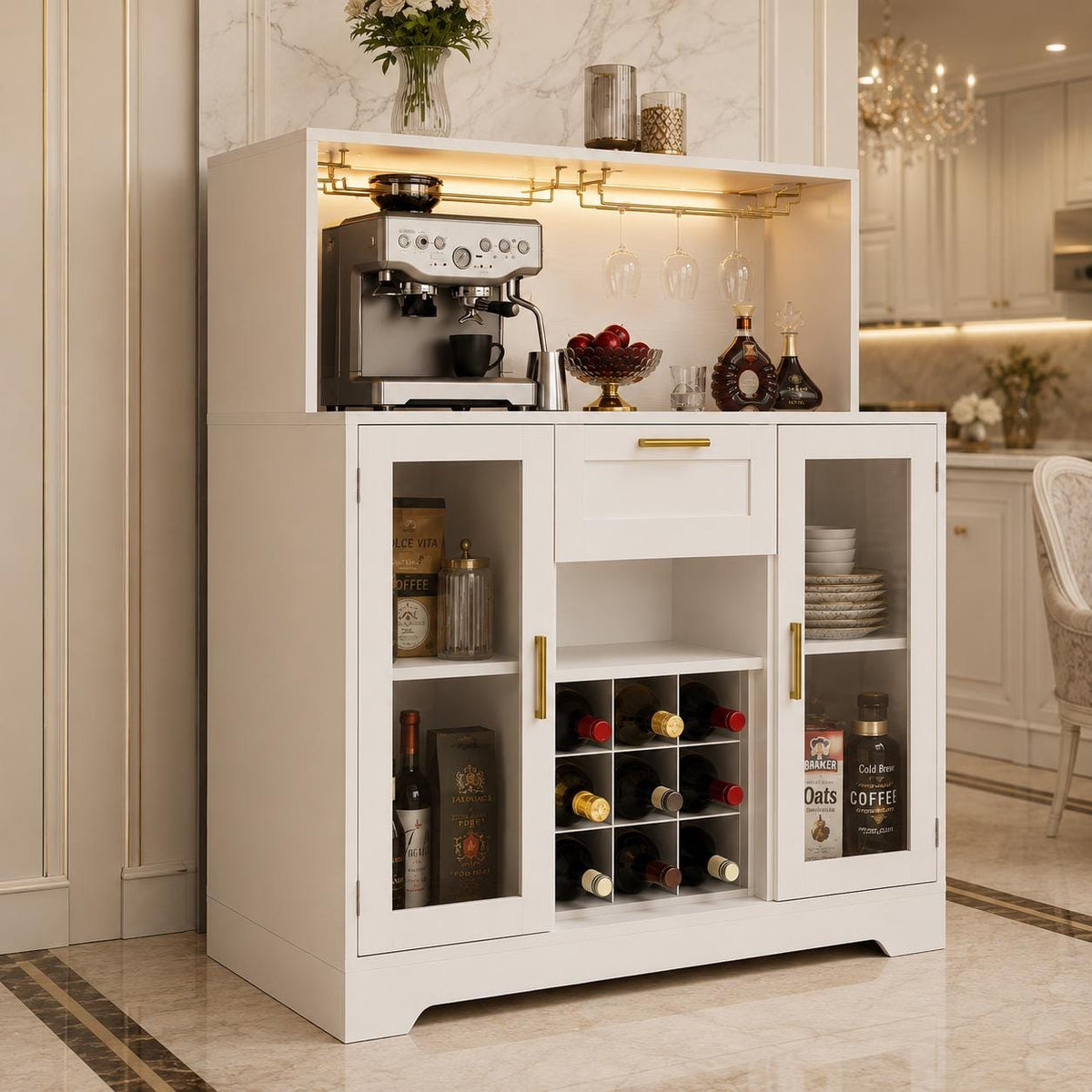 Modern LED Wine Bar Cabinet, Coffee Station, Glass Doors, Wine Rack Storage