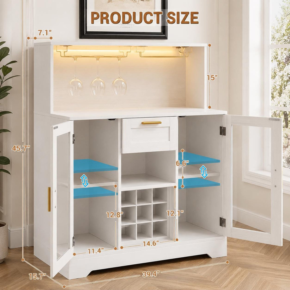 Modern LED Wine Bar Cabinet, Coffee Station, Glass Doors, Wine Rack Storage