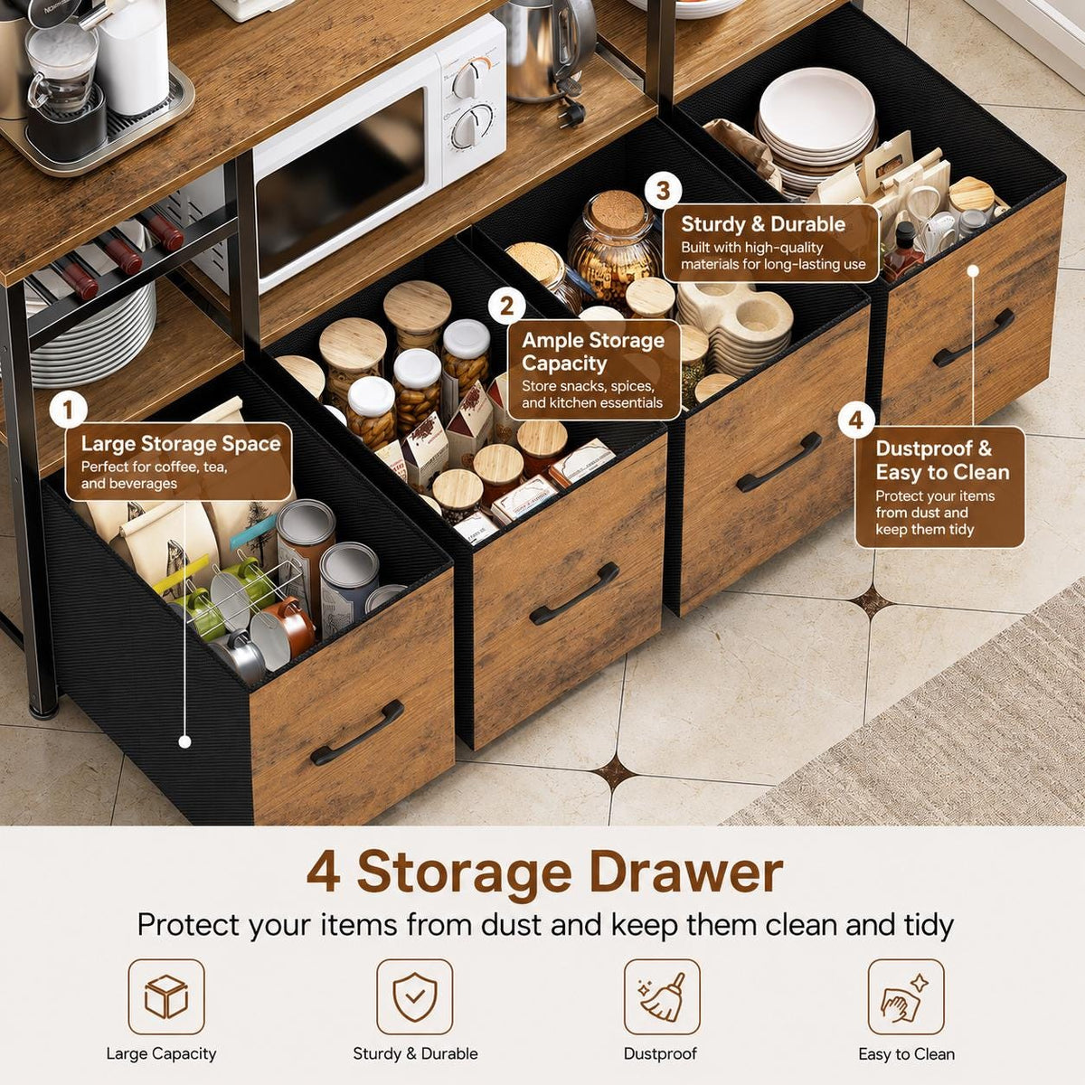 Modern Bakers Rack with Power Outlets, LED Lights, Wine Rack, Storage Drawers