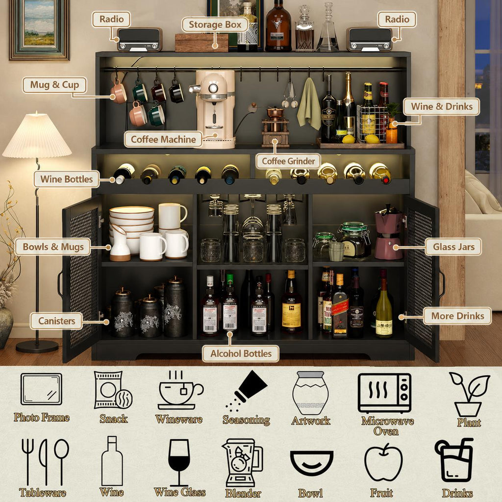 Industrial Wine Bar Cabinet with RGB LED Lights, Mesh Doors & Glass Holder – 47.2” Buffet Storage Cabinet for Dining Room Kitchen