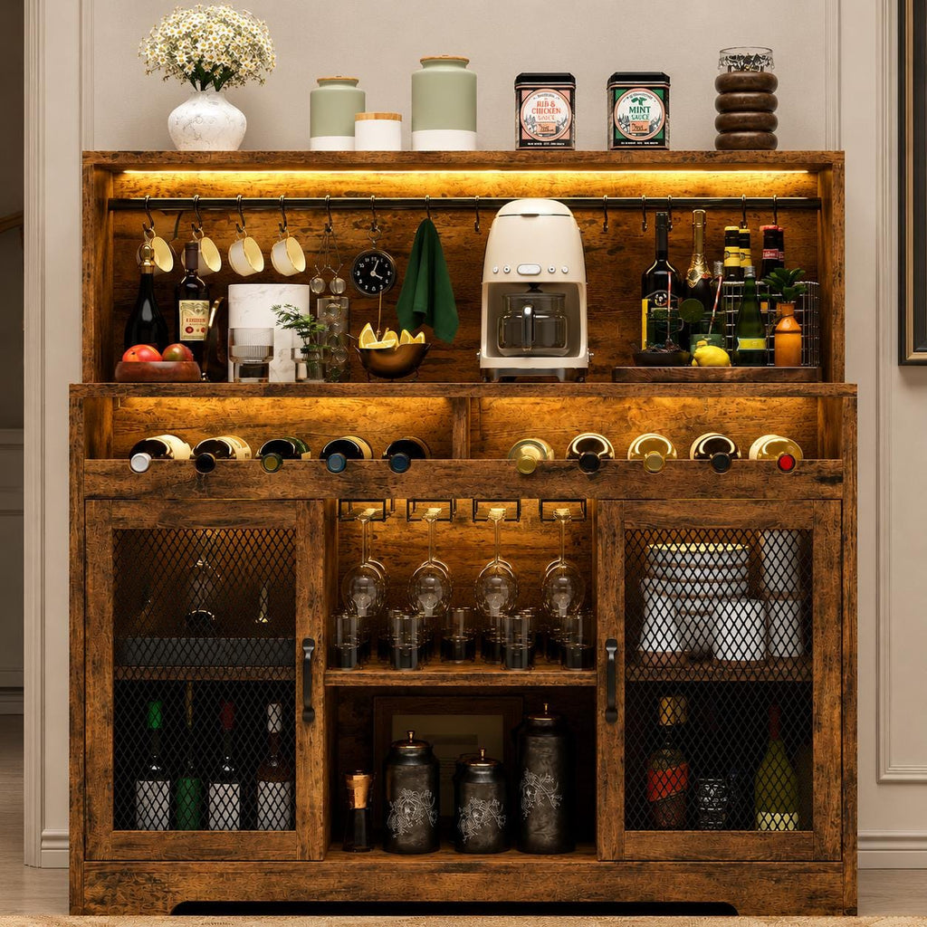 Industrial Wine Bar Cabinet with RGB LED Lights, Mesh Doors & Glass Holder – 47.2” Buffet Storage Cabinet for Dining Room Kitchen