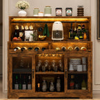 Industrial Wine Bar Cabinet with RGB LED Lights, Mesh Doors & Glass Holder – 47.2” Buffet Storage Cabinet for Dining Room Kitchen