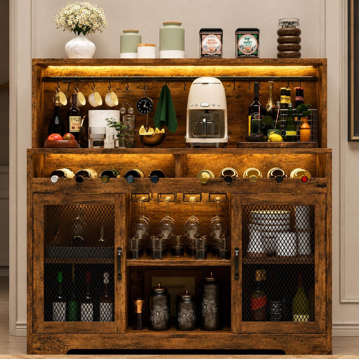 Industrial Wine Bar Cabinet with RGB LED Lights, Mesh Doors & Glass Holder – 47.2” Buffet Storage Cabinet for Dining Room Kitchen