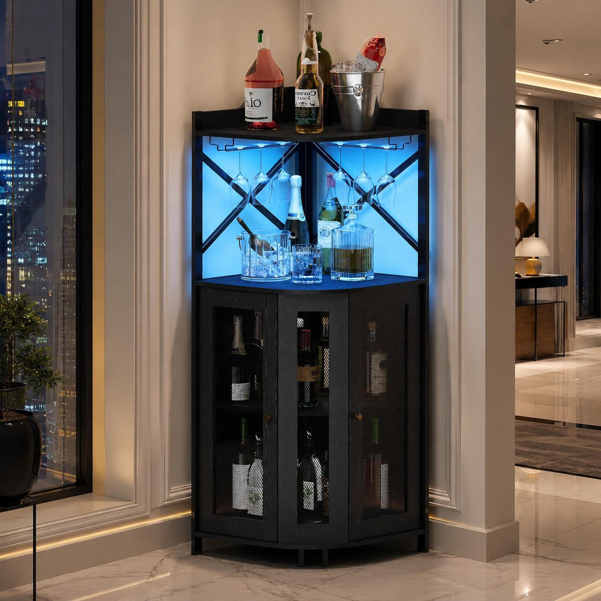 Industrial Corner Wine Bar Cabinet, Rustic Liquor Storage with LED Lights