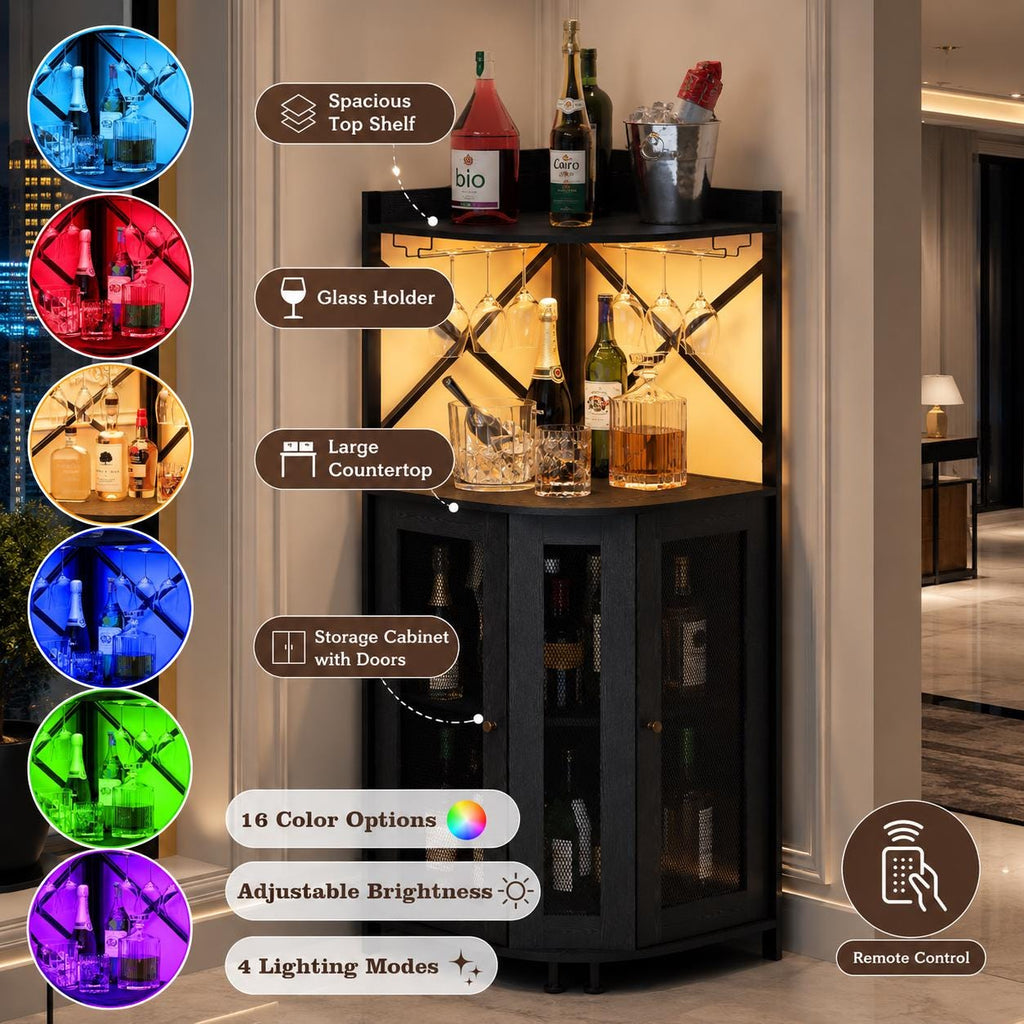 Industrial Corner Wine Bar Cabinet, Rustic Liquor Storage with LED Lights