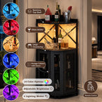 Industrial Corner Wine Bar Cabinet, Rustic Liquor Storage with LED Lights