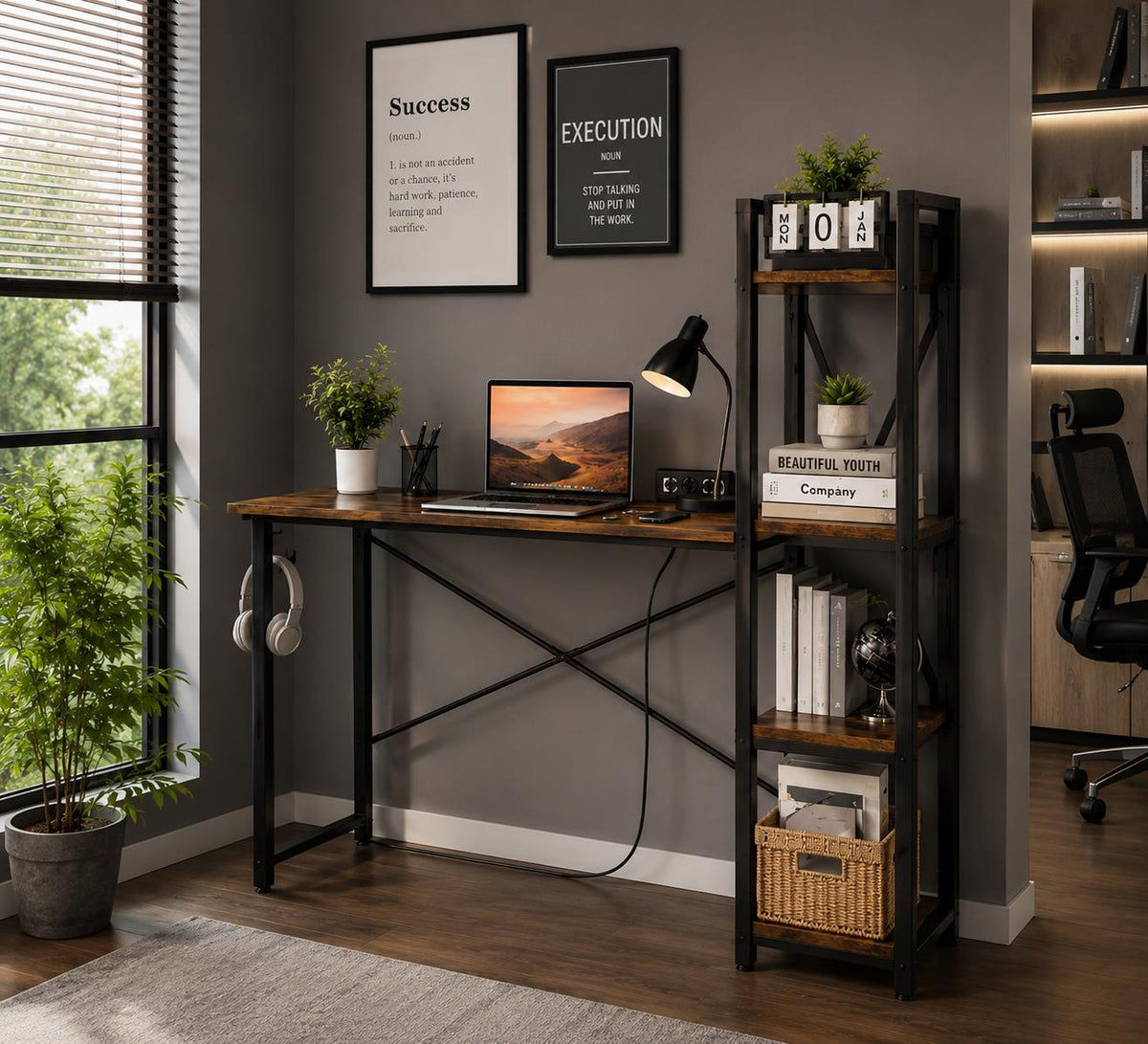 Industrial Computer Desk with Bookshelf, Rustic Wood Metal Study Table