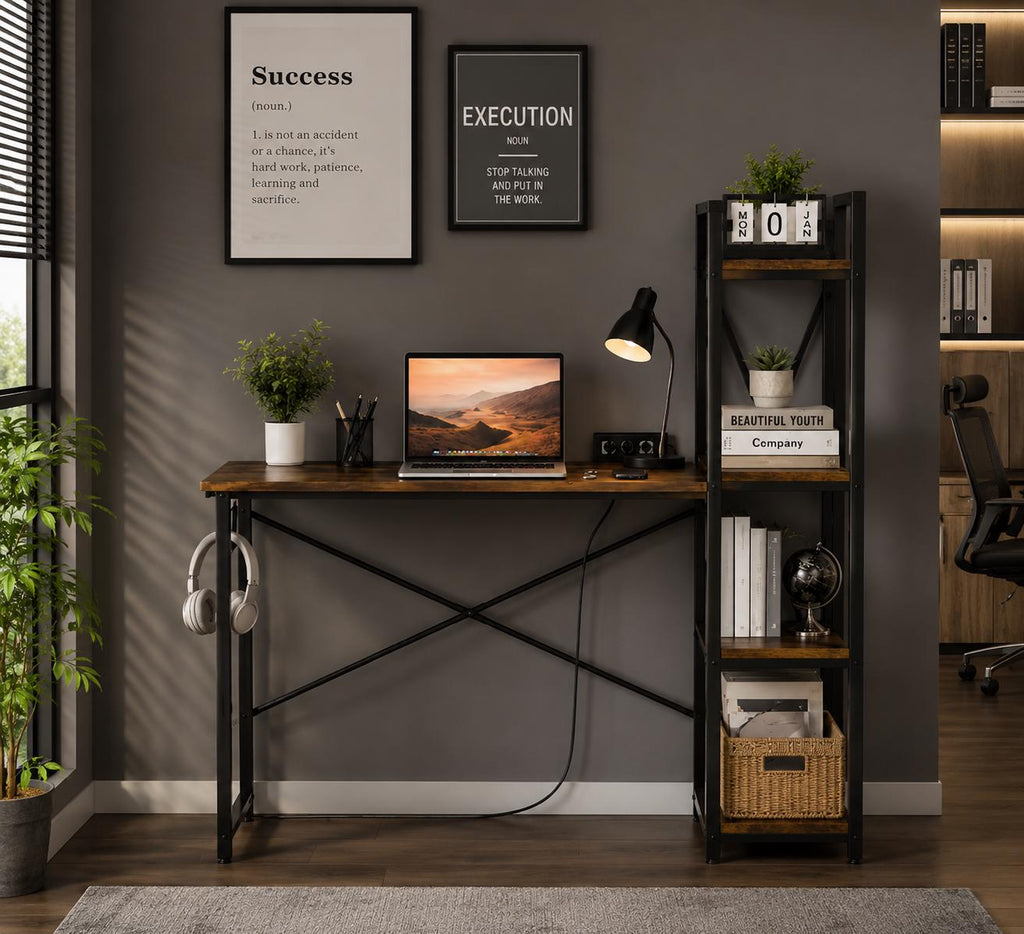 Industrial Computer Desk with Bookshelf, Rustic Wood Metal Study Table