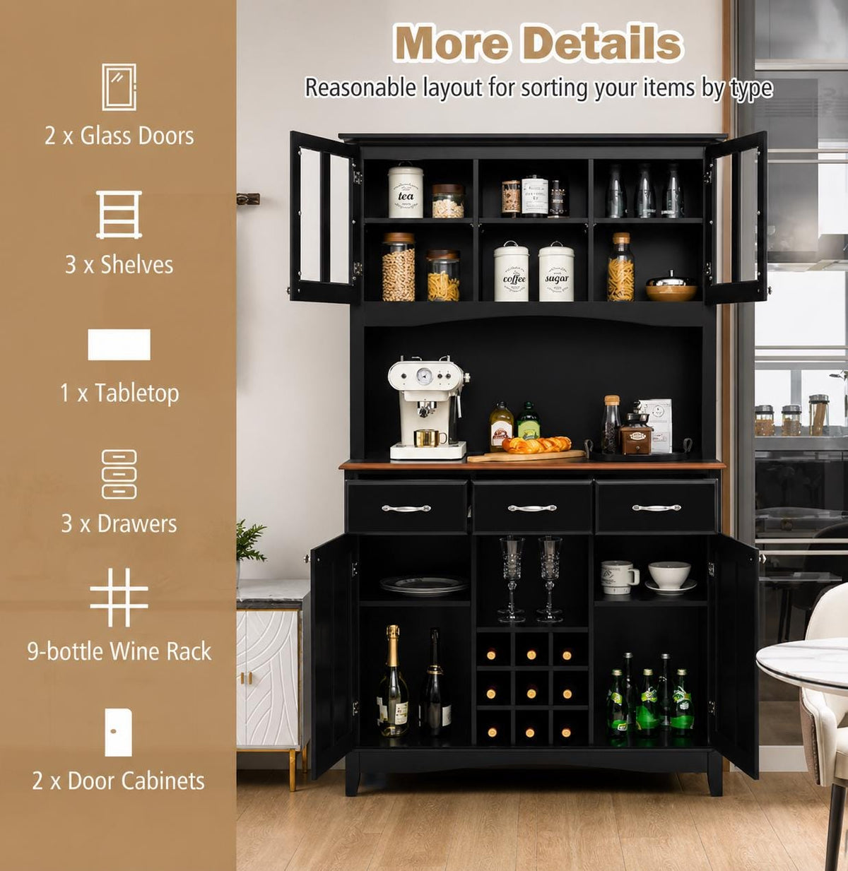 Modern Kitchen Hutch Cabinet, Adjustable Shelves, Wine Rack, Coffee Bar Buffet Storage