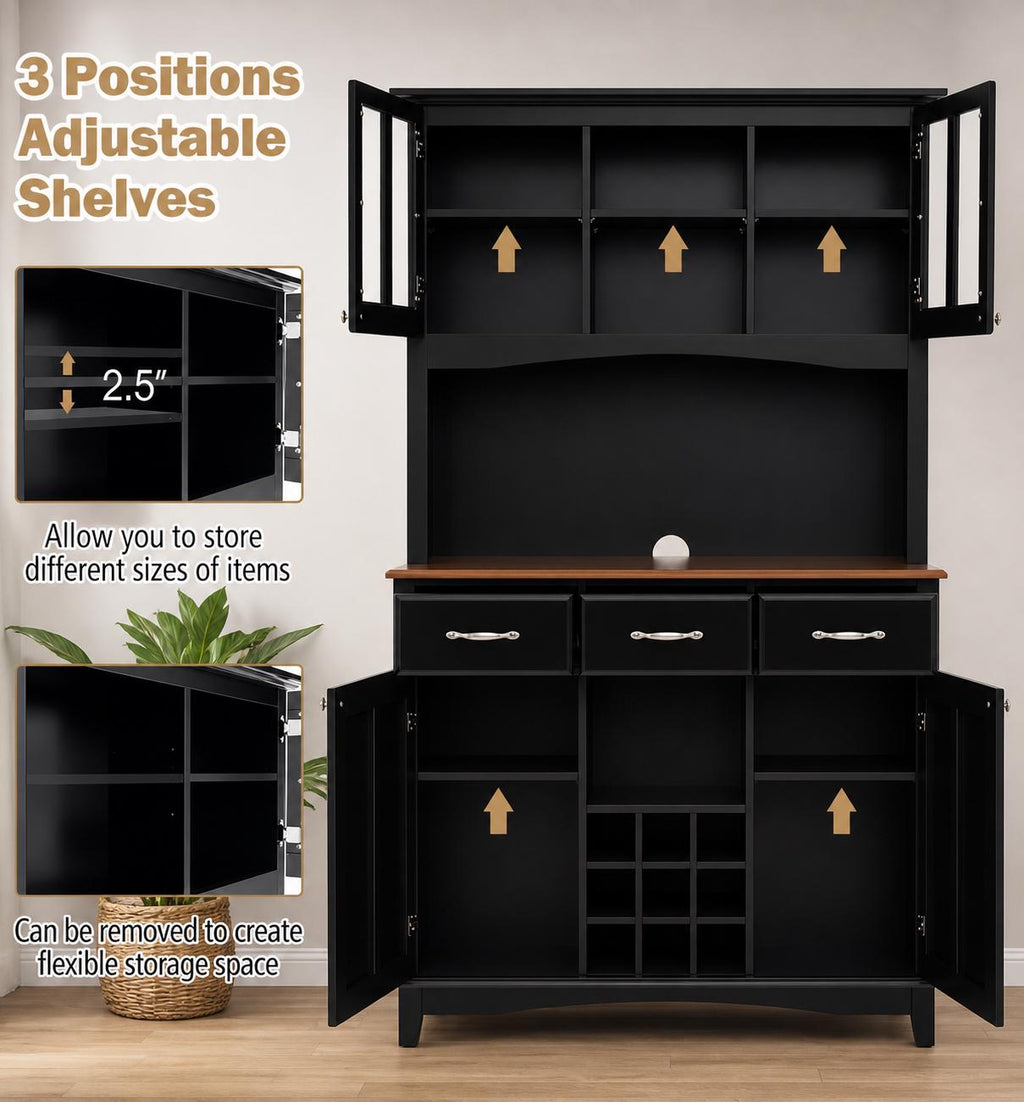 Modern Kitchen Hutch Cabinet, Adjustable Shelves, Wine Rack, Coffee Bar Buffet Storage