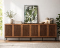 Modern Brown Storage Cabinet with Grille Doors – Large Sideboard Buffet Cabinet for Living Room, Dining Room & Office with Metal Legs