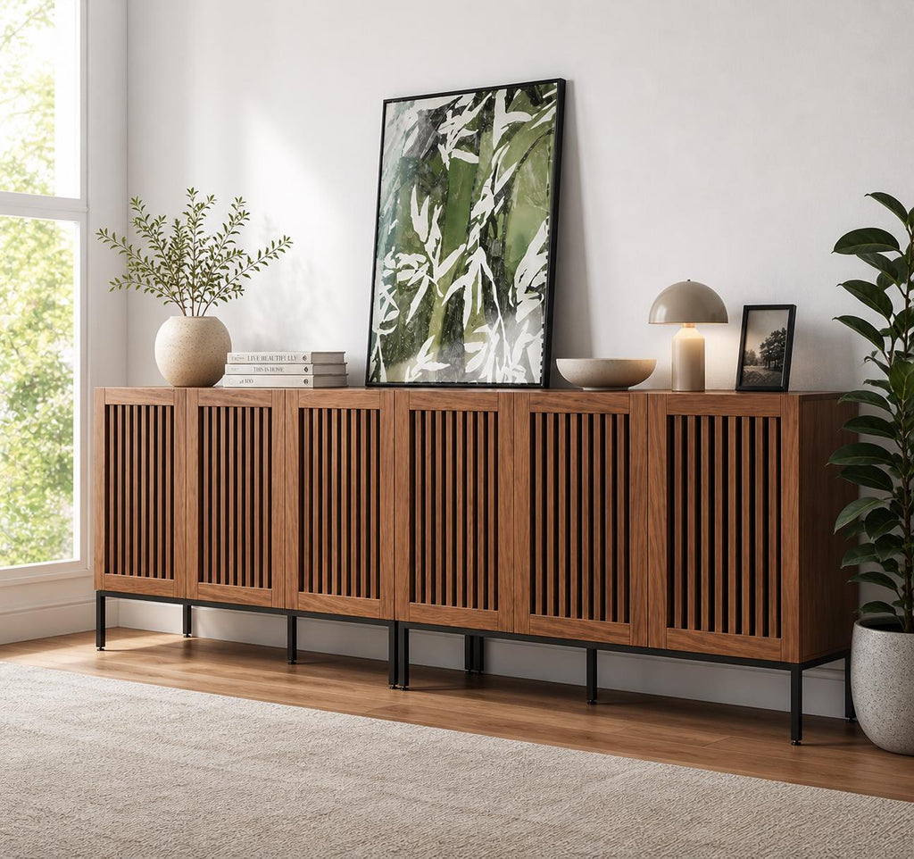 Modern Brown Storage Cabinet with Grille Doors – Large Sideboard Buffet Cabinet for Living Room, Dining Room & Office with Metal Legs