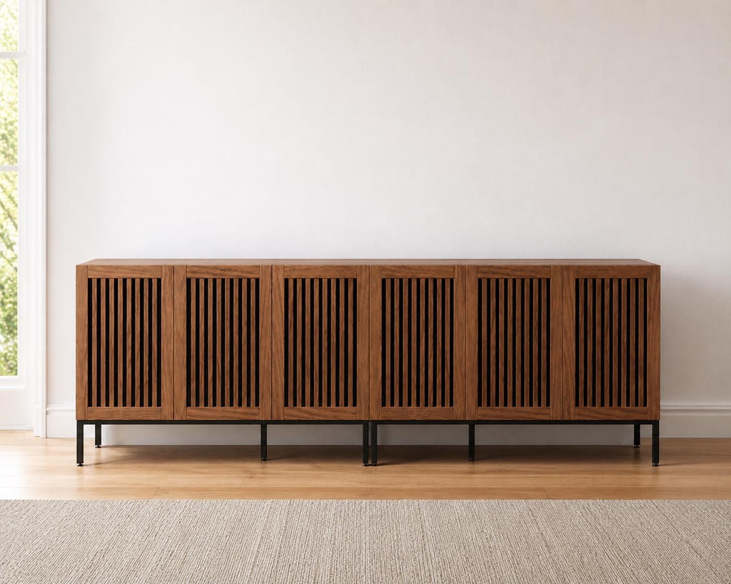 Modern Brown Storage Cabinet with Grille Doors – Large Sideboard Buffet Cabinet for Living Room, Dining Room & Office with Metal Legs